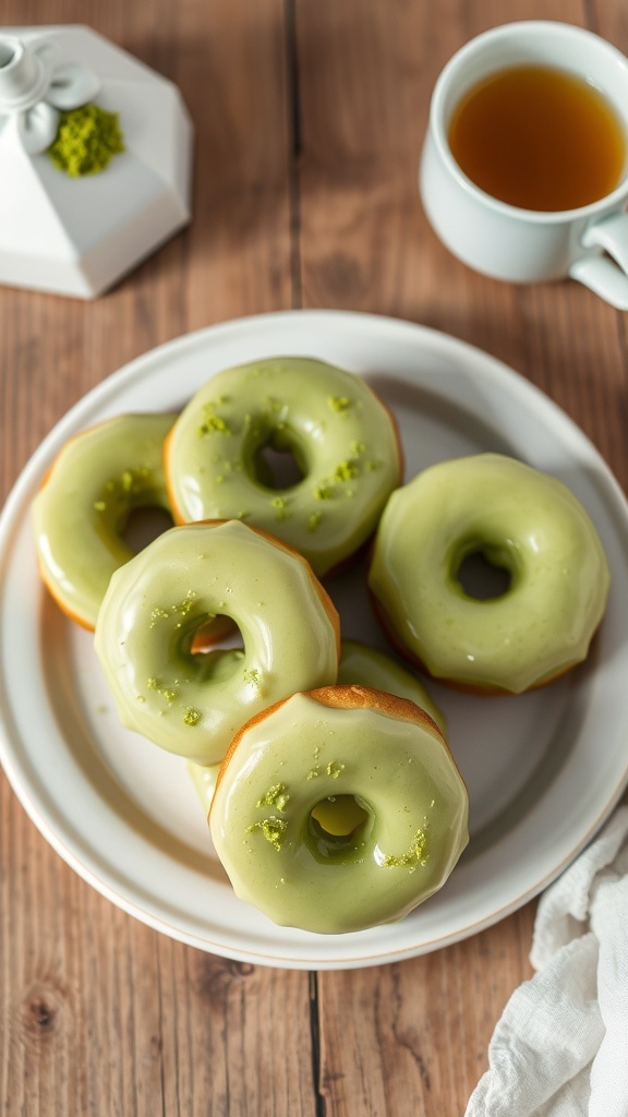 A plate of matcha green tea donuts with a green glaze, garnished with matcha powder, on a rustic wooden table.